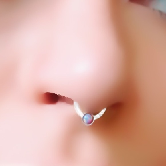 925 Sterling Silver Tiny Purple Opal Septum Ring or Daith Cartilage Hoop Earring - Picture 5 of 11